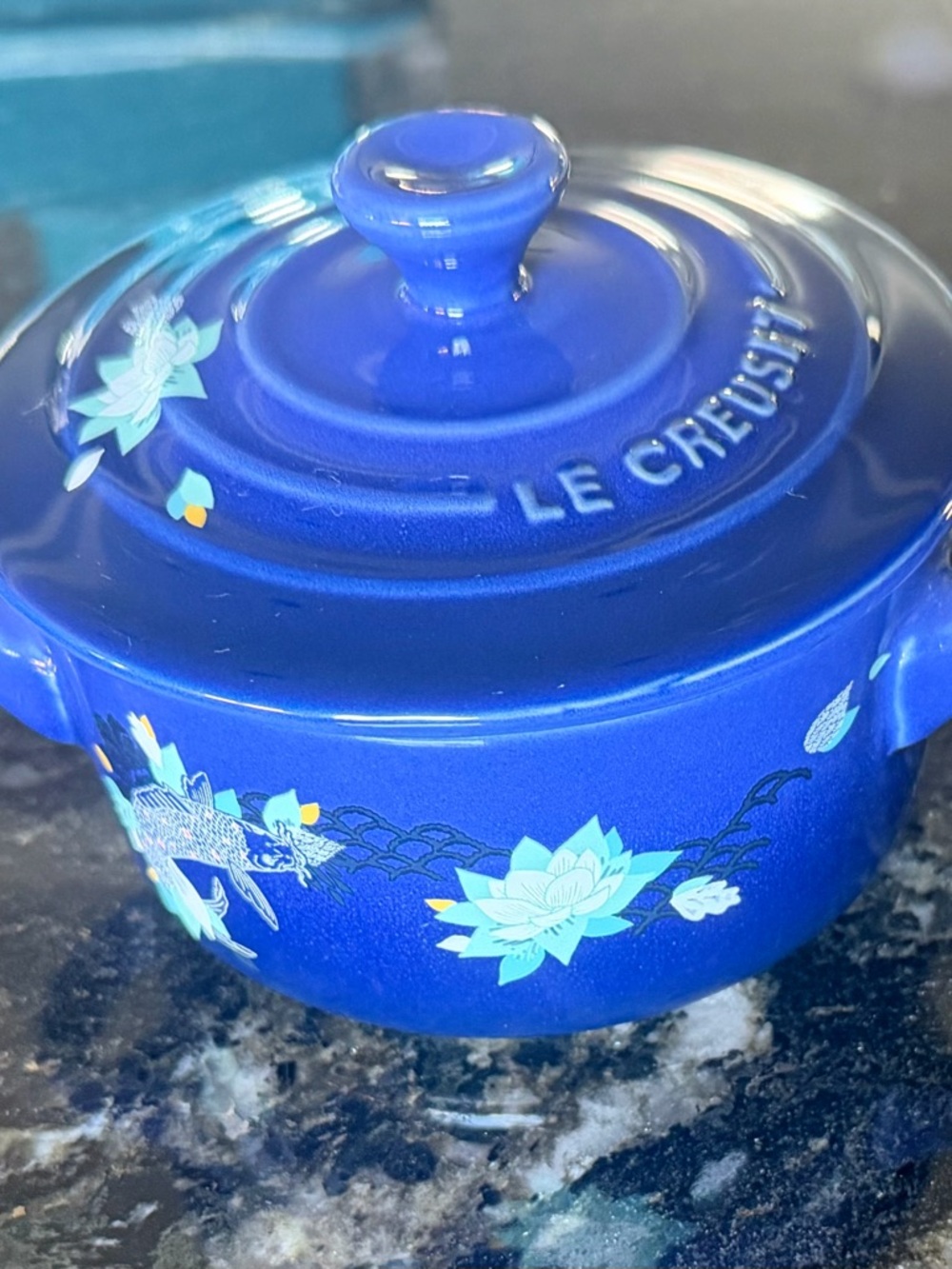 Le Creuset Cobalt Blue Lotus & Koi Mini Cocotte
